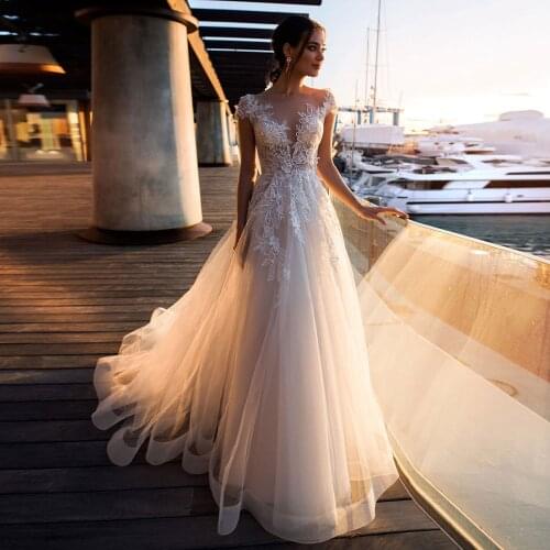 Charming Sheer Neck Bohemian Wedding Dresses Vestidos de Novia White/Ivory/Champagne Tulle Customized Lace Bridal Gown 2020