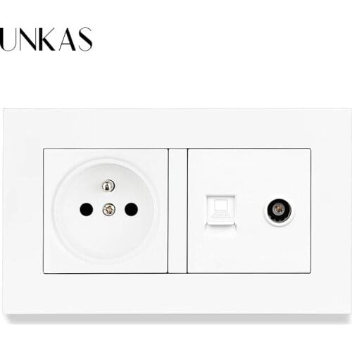 UNKAS PC Plastic Panel French Standard Socket + RJ45 Internet Computer Jack And TV Television Port 146MM*86MM 2 Gang Outlet