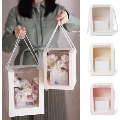Transparent Square Gifts Box With Window Fresh Flower Packing Boxes Pink Paper Bag For FatherS Day Wedding Birthday Party Gifts