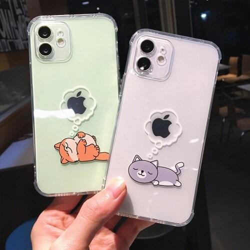 Cute Cartoon Animal Cat and Dog Clear Phone Case For iPhone 12 11 Pro Max X XS XR Mini 7 8 Plus Transparent Soft Cover Couple