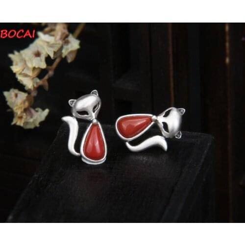 Real S925 sterling silver small fox earrings female simple cute small animal personality sweet southern red fox creative earring
