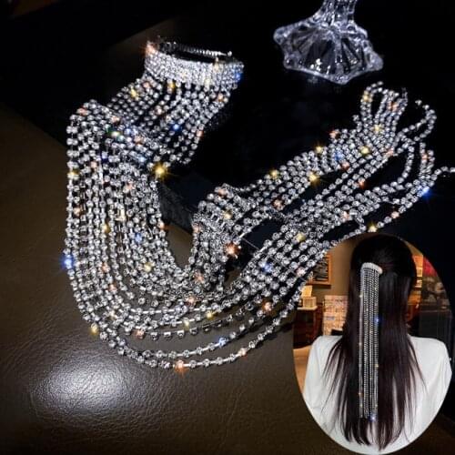 Fashion Elegant Women Hair Bands Lady Rhinestone Crystal Tassel Long Chain Beads Dangle Hairpin Hair Clip Barrettes Hair Jewelry