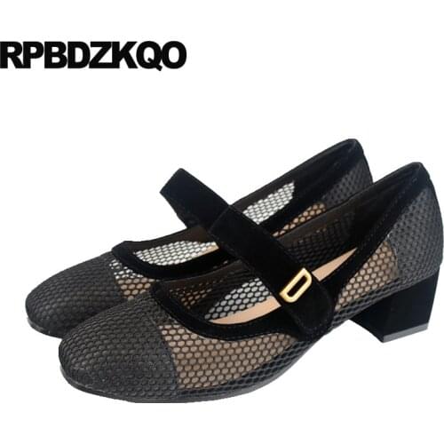 Polka Dot Square Toe Mesh Fashion Black Mary Janes Women Shoes Pumps Thick 2021 Cheap Casual Designer Ladies Medium Heels Female
