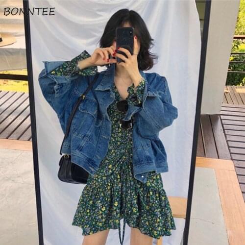 Cropped Jackets Women Ins All-match Spring Denim Long-sleeve Single-breasted Streetwear Korean Stylish Turn-down Collar Outwear
