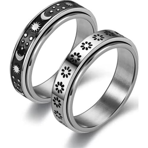 Vintagel Sun Moon Starts Pattern Rings For Women Men Creative Complex Rotating Flower Finger Ring Jewelry
