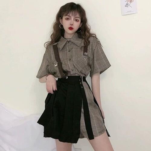 Korean Plaid Shirt Dress Vintage Spring Autumn Long Sleeve Two Piece Dress Streetwear Plus Size Pleated Mini Dress Vestidos