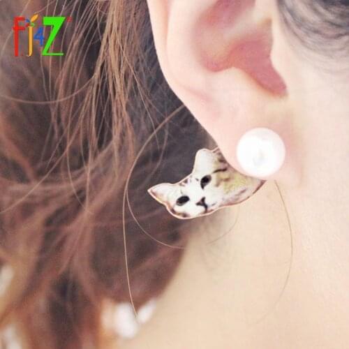 F.J4Z Lovely Cat Earings Vivid Animal Pet Printing Alloy Faux Pearl Back Front Piercing Stud Earrings For Women Girls Jewelry