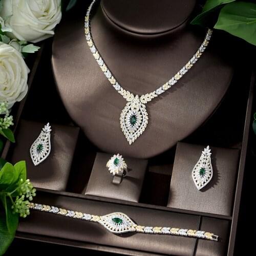 HIBRIDE Luxury Dubai Jewelry Sets Green AAA CZ Necklace Ring Earring Bracelet for Women Bridal Jewelry set Accessories N-249