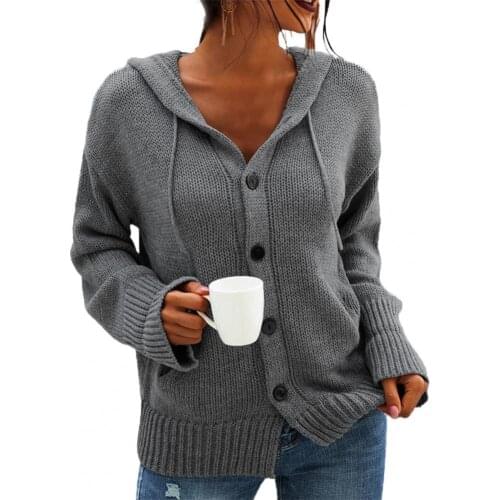 Women Hooded Cardigan Sweater Solid Color Long Sleeve Autumn Winter Drawstring Single Breasted Knitwear Coat Outwear Tops