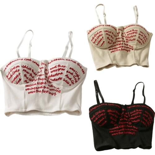 066C Women Spaghetti Strap Crop Tube Top Harajuku Letters Embroidery Ribbed Knit Slim Corset Camisole Sleeveless Vest Shirts