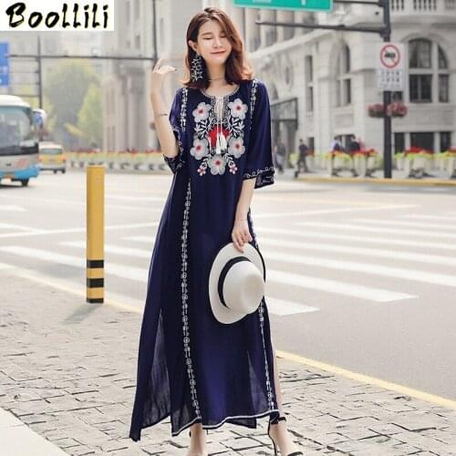 Boollili Long Summer Beach Dress Women Embroidery Boho Dress Maxi Casual Floral Womens Dresses New Arrival 2020 Vestido