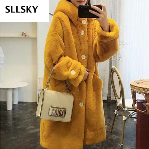 Sllsky Women Winter Faux Fur Long Coat Casual Sweet Solid Warm Soft Fur Hooded Jacket 2020 Fashion Loose Thicken Plus size Coat