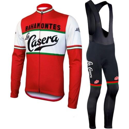 BAHAMONTES Winter Cycling Jersey Long Sleeves Set Men Fleece Warm & No Fleece Retro Bib Pants Red Cycling Clothing