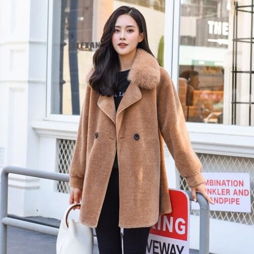 2020 New Autumn Winter Real Fur Coat Women Clothes Fox Fur Collar Long Sheep Shearing Wool Jacket Korean LL1105 KJ5128
