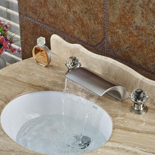 Uythner Newly Euro Style Bathroom 3Pcs Basin Faucet Dual Crystal Handles Nickel Brushed Waterfall Sink Mixer Tap