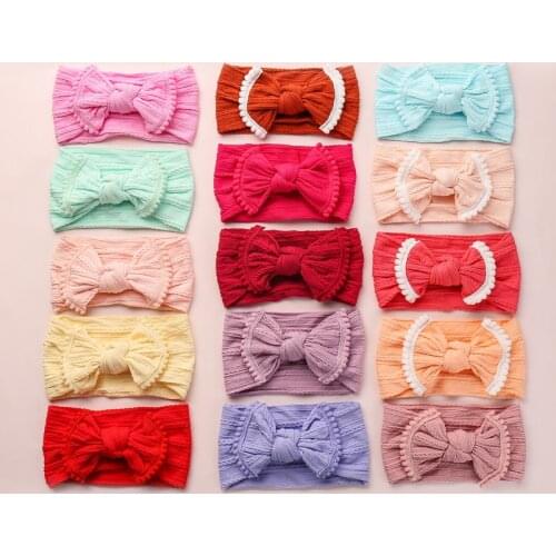 30pcs Pompom Trim Wide Nylon Bows Headbands,Baby Girls Cable Knit Turban Knot Headbands,Todder Infants Soft Nylon Hair Accessory