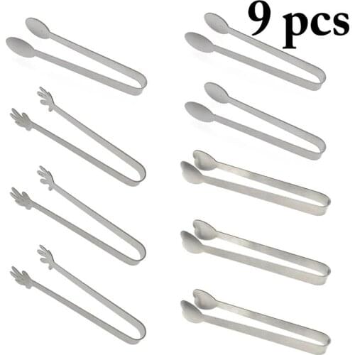 9pcs Food Tongs Stainless Steel Kitchen Tongs BBQ Clip Salad Bread Cooking Ice Cube Sugar Food Serving Tongs Kitchen Tools