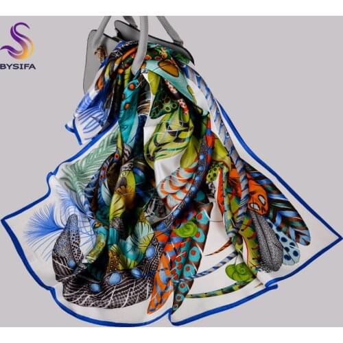 BYSIFA| Blue White Women 100% Silk Scarf Hijabs New Color Phoenix Design Brand Square Scarves Shawls Autumn Ladies Silk Scarf