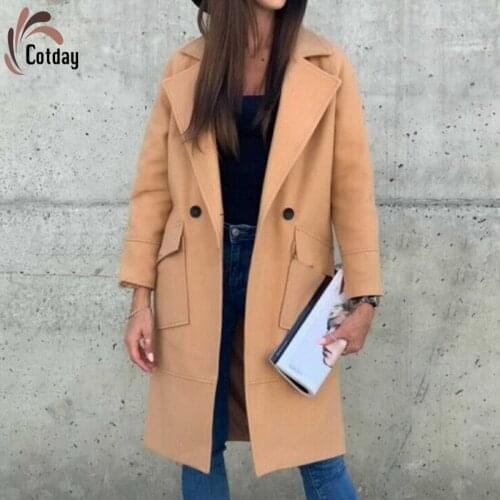 Cotday Wool Long Sleeve Loose Turn Down Collar Celebrity Autumn Women Khaki Classic Jacket Women Trench Woolen Blend Overcoat