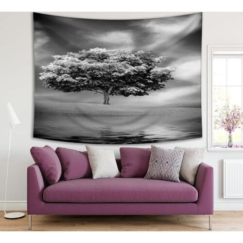 Tapestry Cloudy Sky Alone Tree Reflection on Water Wild Nature Landscape Photo in Black and Gray