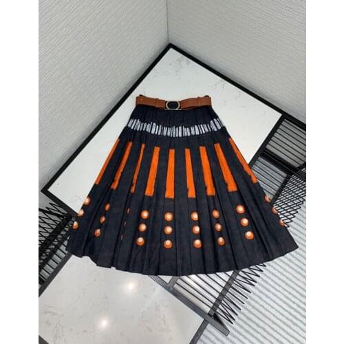 QUALITY 10.22 2021 HIGH Autumn New Vintage Fashion Print Pleated Long Women Elegant Temperament Cotton Skirt With Belt