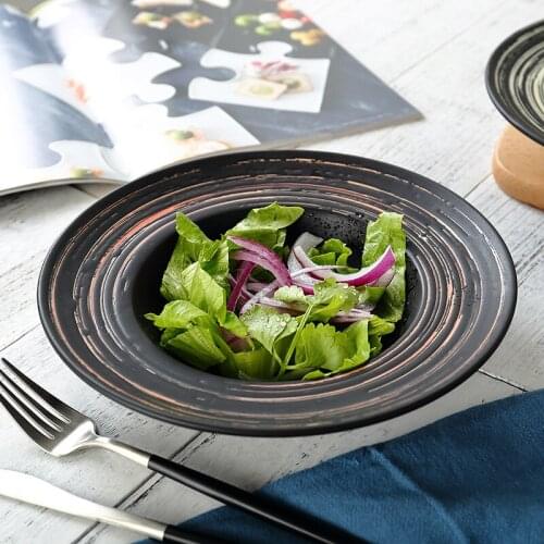 9 Inch Japanese Chinese Stripes Hand-painted Porcelain Matte Plate Wood-grass Straw Hat Salad Disc Ceramic Tableware