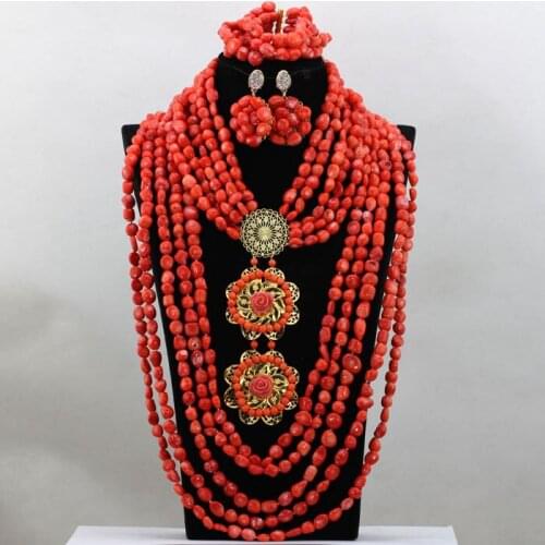 Exclusive African Nigerian Wedding Coral Beads Jewelry Set Flower Brooch Pendant Statement Necklace Set Free Shipping CNR511