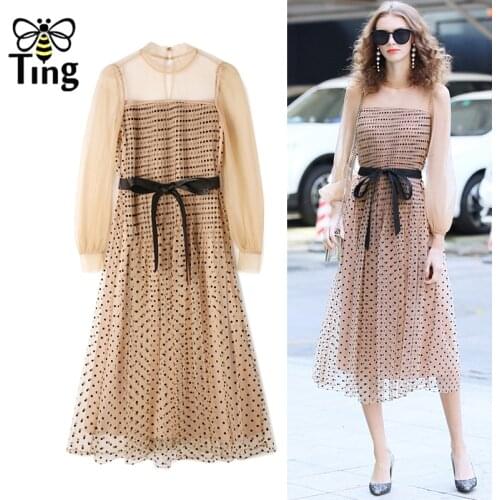 Tingfly 2020 Runway Flocking Polka Dot Mesh Sheer Midi Dress Sweet Vintage Summer Party Night Dinner Dresses Robes Seksi Elbise