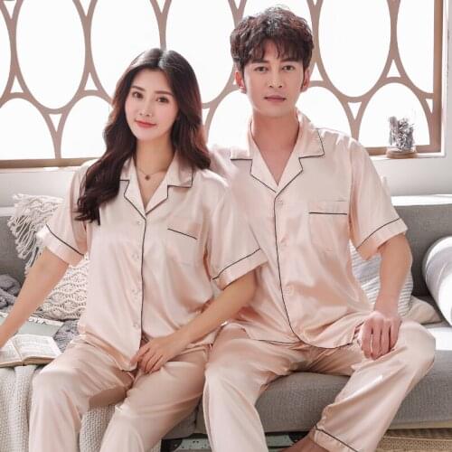 Summer Pajamas For Couple Silk Sleepwear Short Tops+Long Pants Two Pieces Set Lovers Pyjamas Plus Size M-3XL Lounge Homewear