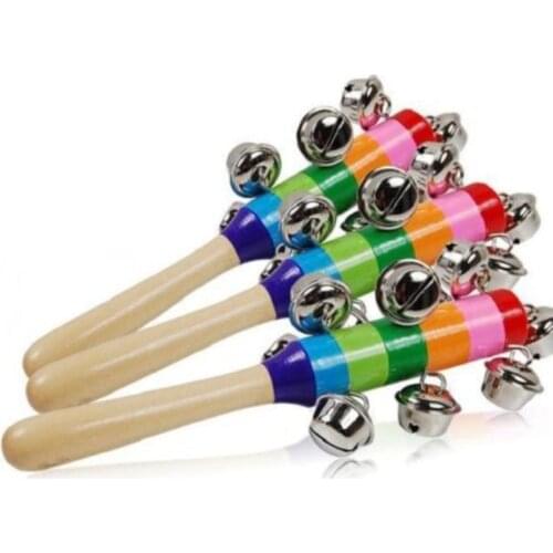 Hot Sale Wooden Stick 10 Jingle Bells Rainbow Hand Shake Bell Rattles Baby Kids Children Educational Toy