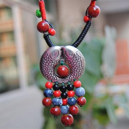 Statement Colorful Ceramic Beads Strand Big Tassel Pendants Necklace For Women Vintage Chinese Rope Knot Bead Necklace Jewelry