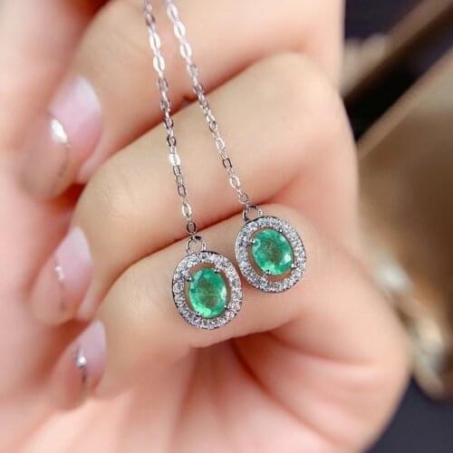 Cute elegant long-line round natural green Emerald drop earrings 925 silver Natural gemstone Ear line women party gift jewelry