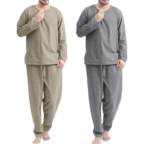 Plus Size Men Pajama Set Solid Color Autumn Winter Long Sleeve Tops Loose V Neck Casual Male Pajamas Suit Sleeping Homewear
