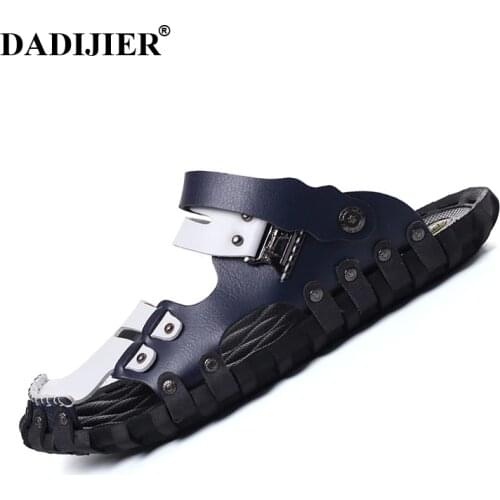 DADIJIER Man Sandals 2018 Fashion Brand Casual Flat Heels Spilit Leather Male Retro Beach Slipper Mens Roman Summer Shoes ST96