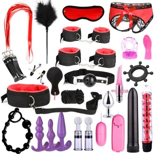 26PCS Sex Toys For Women Men Handcuffs Nipple Clamps Whip Spanking Sex Silicone Metal Anal Plug Butt BDSM Vibrator Bondage Set