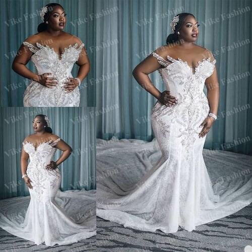 New African Black Girl Mermaid Wedding Dresses Sweetheart Lace Beaded Plus size Bridal Gown Custom Made Bride