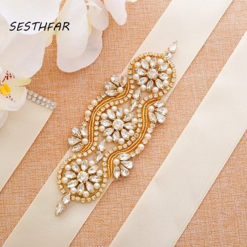 SESTHFAR Rhinestone Wedding Belt Bridal Crystal Bridal Belt Hand Gold Beaded Belt For Wedding Evening Dress