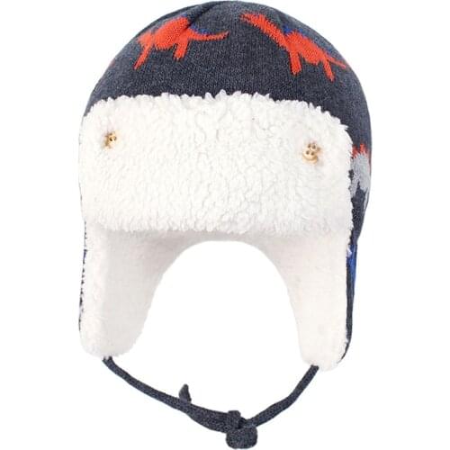Bomber Hat Boy Earflap Winter Knit Beanie Autumn Dinosaur Kid Warm Skiing Cotton Fleece Outdoor Accessory Toddler Baby