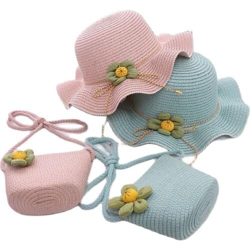 Summer kids girl casual Sunflower straw hat and handbag Children grils 2 pieces a sets sun hat floral gorros for beach
