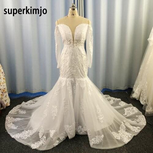 SuperKimJo Robe De Mariee Mermaid Wedding Dresses for Bride 2020 Lace Applique Elegant Long Sleeve Beaded Wedding Gown 2021