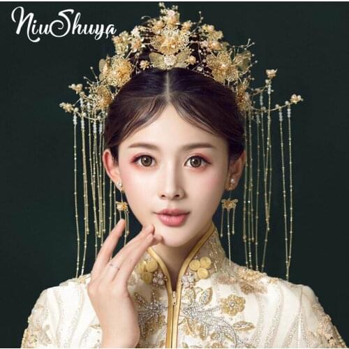 NiuShuya Chinese Style Wedding Jewelry Golden Bridal Crown Phoenix Coronet Handmade Bride Headwear Hair Jewelry Accessories