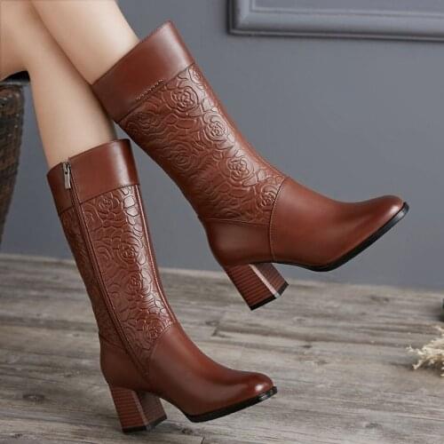 Women Long Boots Thick Heel Winter New High-heeled Boots Shoes British Mid-heel Ladies Boots Retro Non-slip