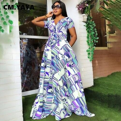 CM.YAYA Women Long Dress Print Short Sleeve V-neck Loose Maxi A-line Dresses Fashion Office Lady Outfit Summer Vestidos 2021