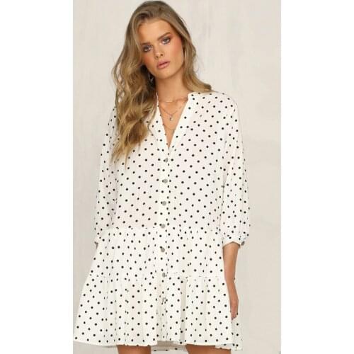 Polka-Dot Flounce Dress Womens Autumn/Winter Fashion V-Neck Three-Quarter Sleeve White Pink Skirt Female Casual Top