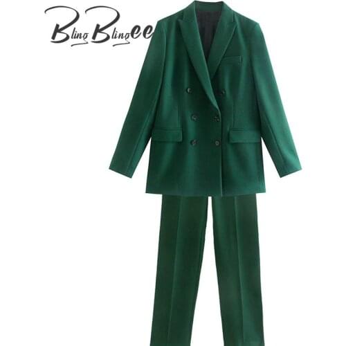 BlingBlingee Za 2021 Autumn Woman Traf Suits OL Style Slim Double Breasted Blazers + Long Pants Female Jacket 2 Piece Sets