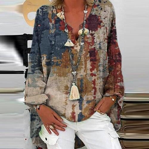 Plus Size Women Linen Cotton Blouse Elegant Daisy Fashion Casual Long Sleeve Print Loose V-neck Shirt Top Loose Blusa Pullover