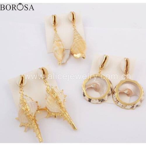 BOROSA New Natural Cowrie Conch Shell Dangle Earrings for Girls Gold Plating Seashell Beach Drop Earrings Summer Jewelry G1742