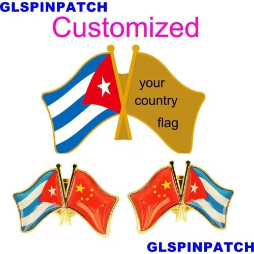 Cuba Crossed Friendship Flag Double Country lapel pin Brooch USA UK France Chile Russia Saudi Arabia Japan Spain Badge