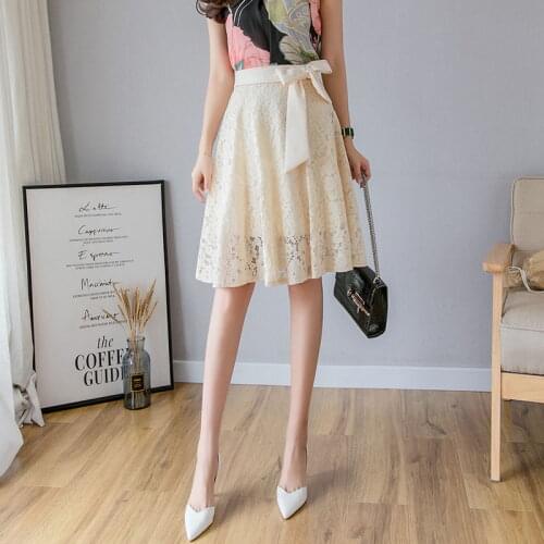 Elegant Korean Style Women Office Formal A-Line Skirt Spring Mesh Patchwork High Waist Lace Skirt Plus Size 5Xl Black OL Skirts