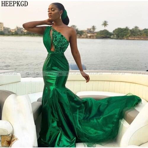 Emerald Green One Shoulder African Evening Dress Shiny Crystal Mermaid Plus Size Prom Gown New Arrival Long Women Formal Dresses